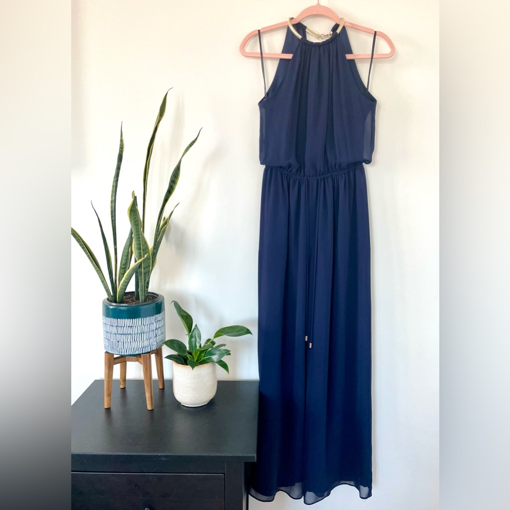 Vince Camuto Navy Blouson Halter Gold Choker Wedding Guest Jumpsuit 4 - Picture 2 of 13